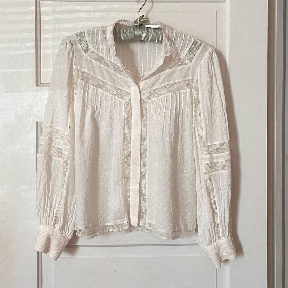 Joie Ivory Swiss Dot Lace Trim Button-Up Blouse